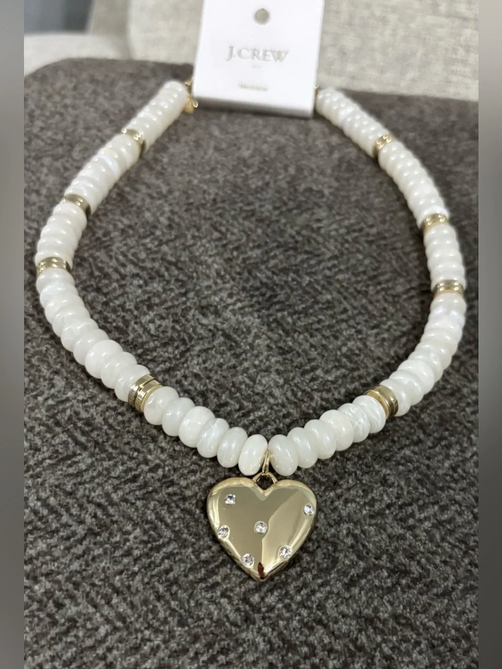 J. Crew Ivory Beaded Necklace with Gold Heart Charm